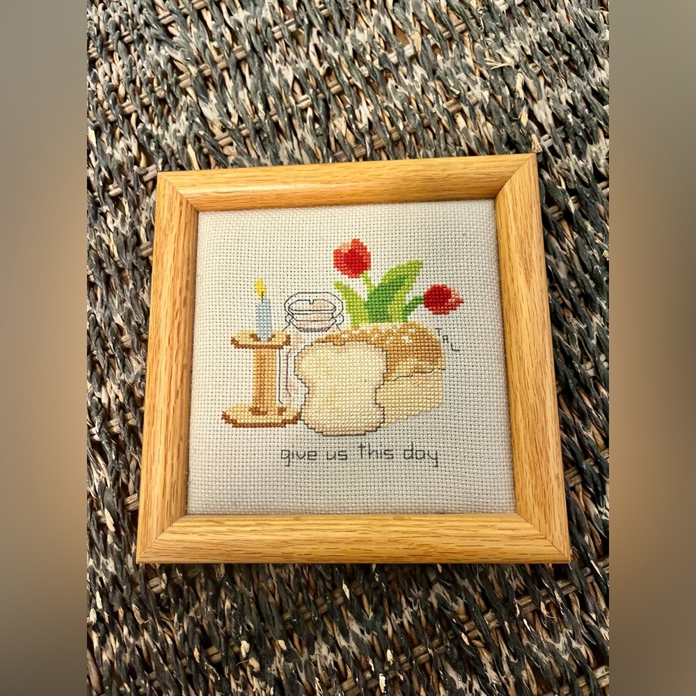 Adorable vintage cross-stitch “Give us this day” (our daily bread)